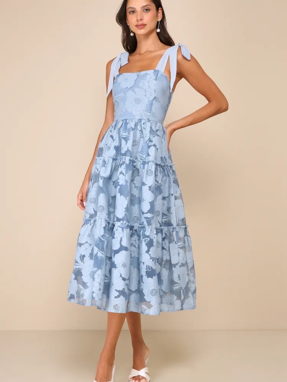 Lulu's Light Blue Floral Tie-Shoulder Midi Dress